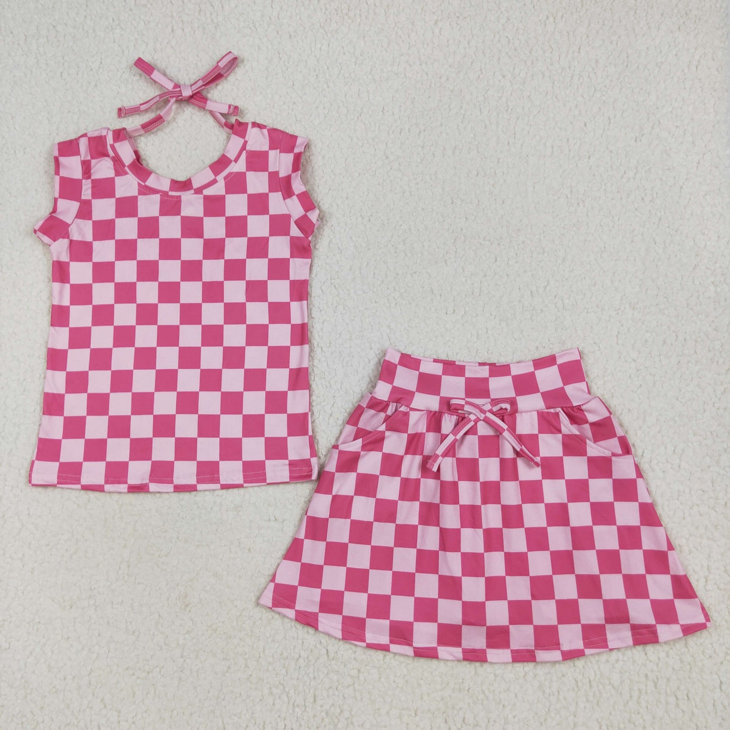 Sibling Baby Girls Pink Sleeveless Flowers Plaid Shirts Top Skorts Clothes Sets