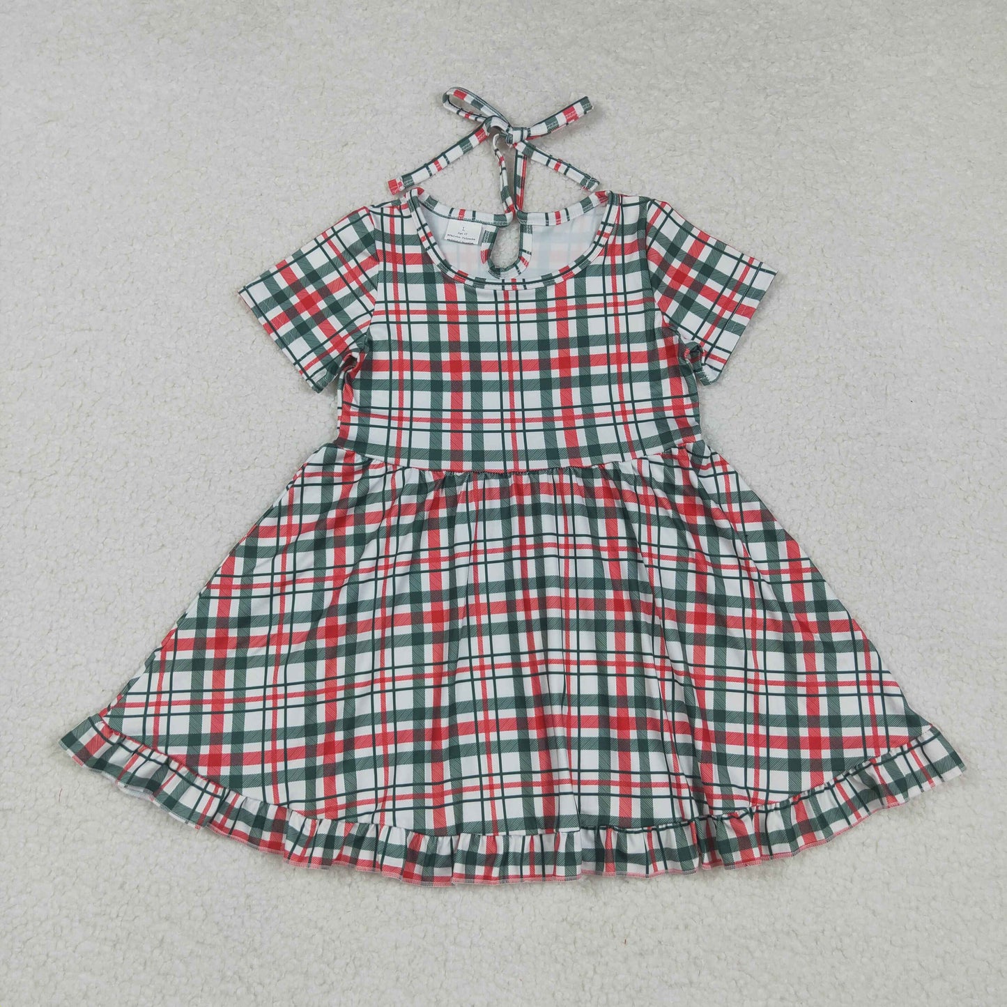 GSD2613 Baby Girls Green Red Checked Short Sleeve Christmas Ruffle Knee Length Dresses