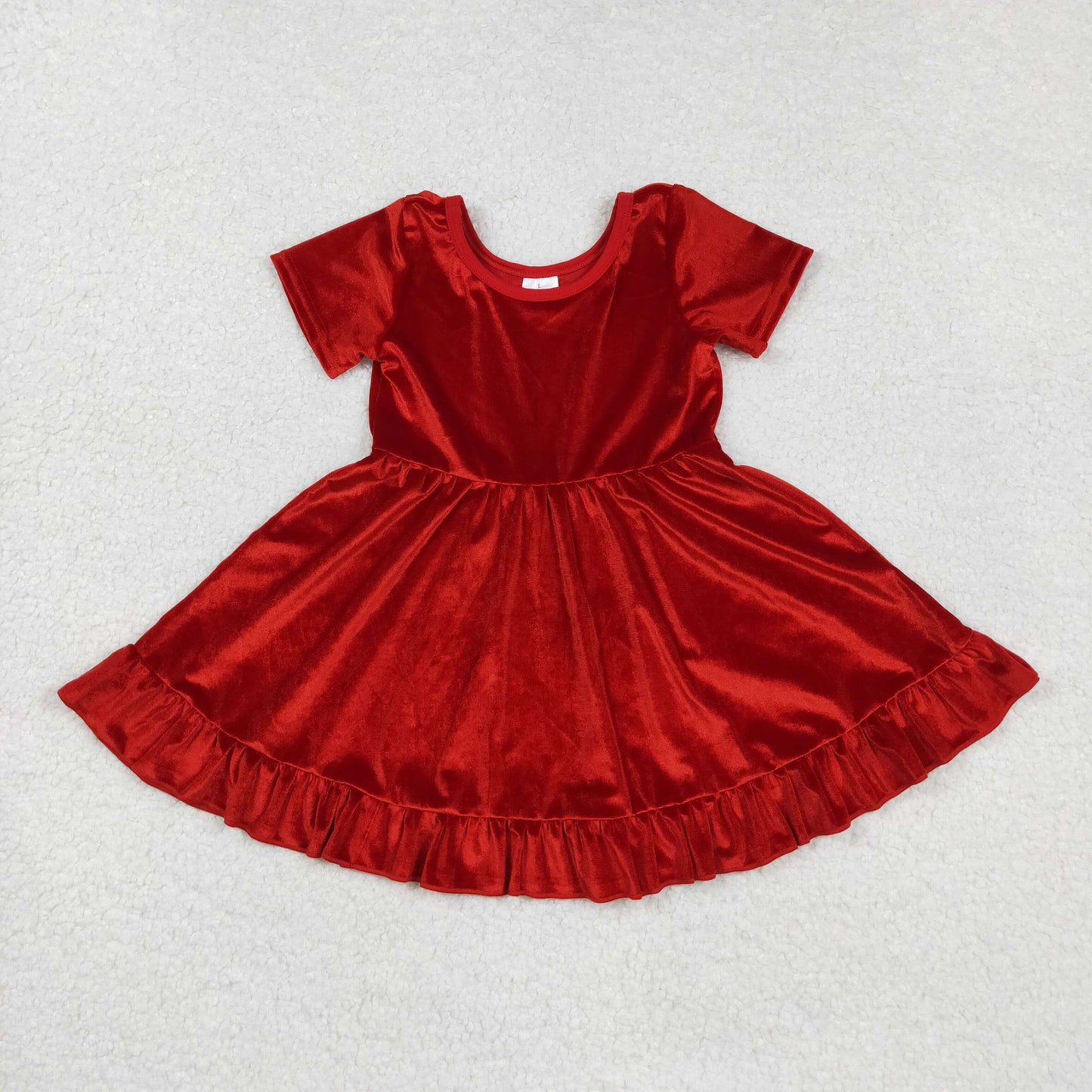 GSD2614 Baby Girls Red Velvet Short Sleeve Christmas Ruffle Knee Length Dresses