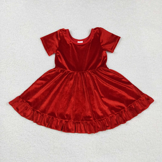 GSD2614 Baby Girls Red Velvet Short Sleeve Christmas Ruffle Knee Length Dresses