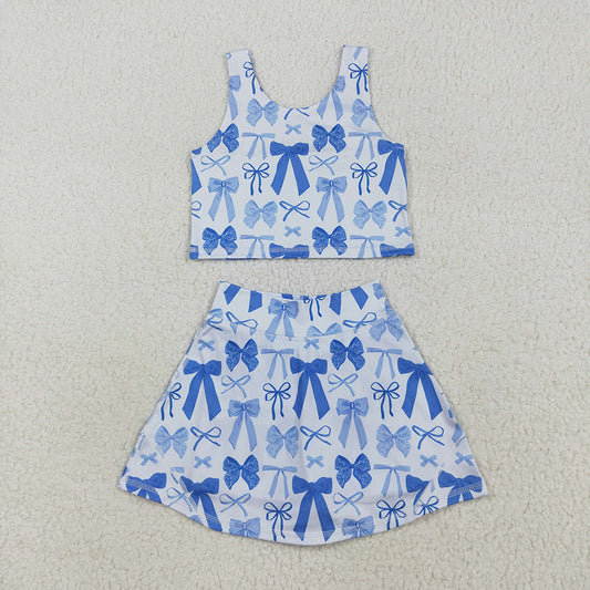 GSD2640 Baby Girls Blue Bows Yoga Crop Top Skorts Skirts Outfits Active Sets