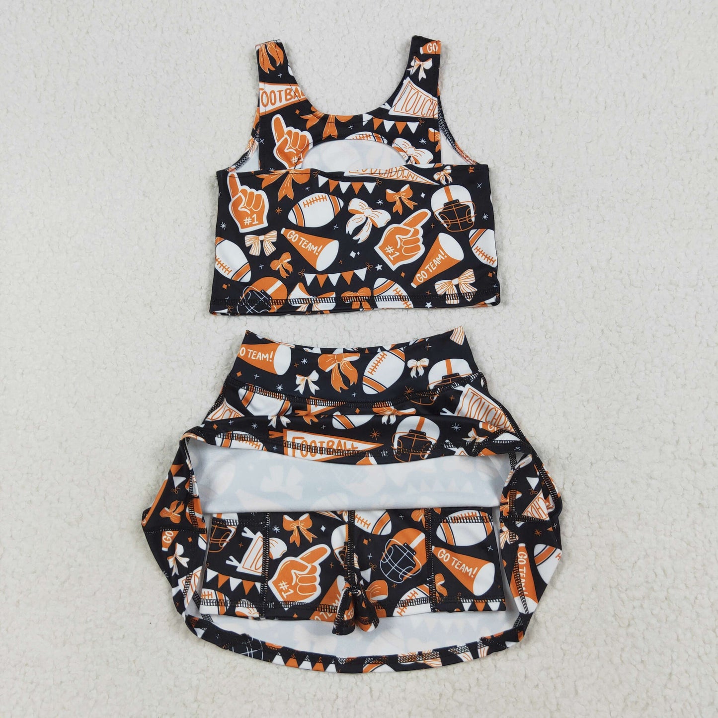 GSD2687 Baby Girls Black Orange Team Yoga Crop Top Skorts Skirts Outfits Active Sets