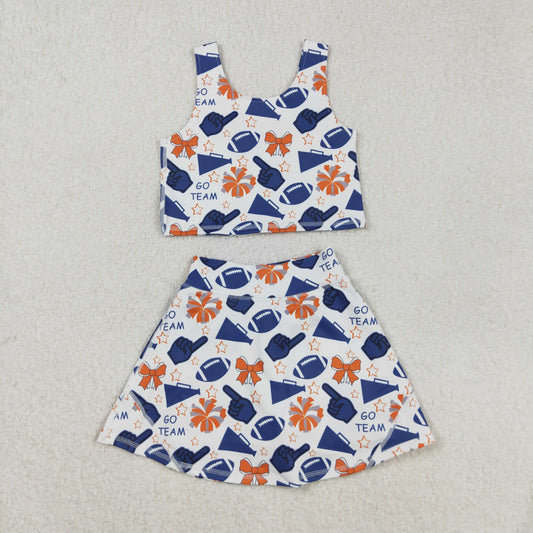 GSD2694 Baby Girls Blue Orange Go Team Vest Top Skirt Shorts Yoga Active Clothes Sets