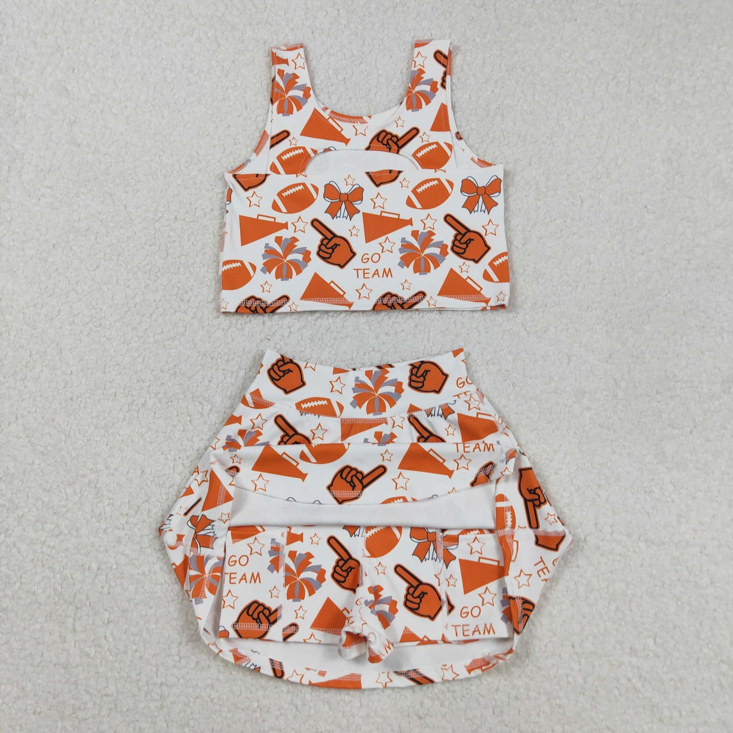 GSD2695 Baby Girls Orange Footballs Go Team Vest Top Skirt Shorts Yoga Active Clothes Sets