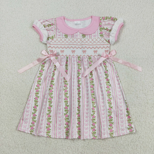 GSD2717 Smocked Baby Girls Pink Bows Flowers Stripe Collar Knee Length Dresses