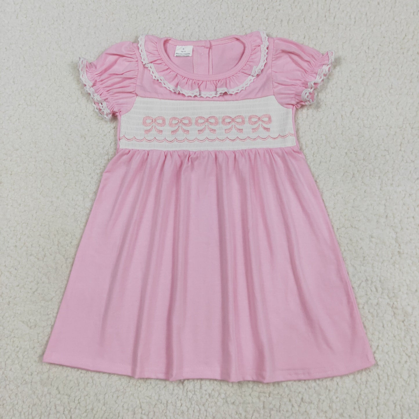 GSD2718 Smocked Baby Girls Pink Bows Back Button Ruffle Collar Knee Length Dresses