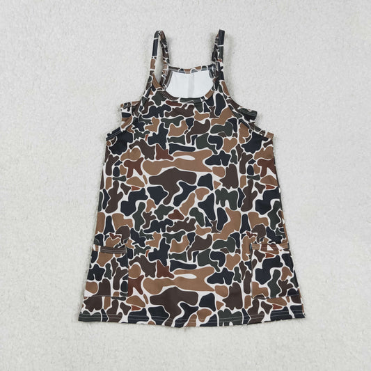 GSD2721 Baby Girls Straps Dark Brown Camo Jumpsuits Inside Athletic Tennis Yoga Dresses