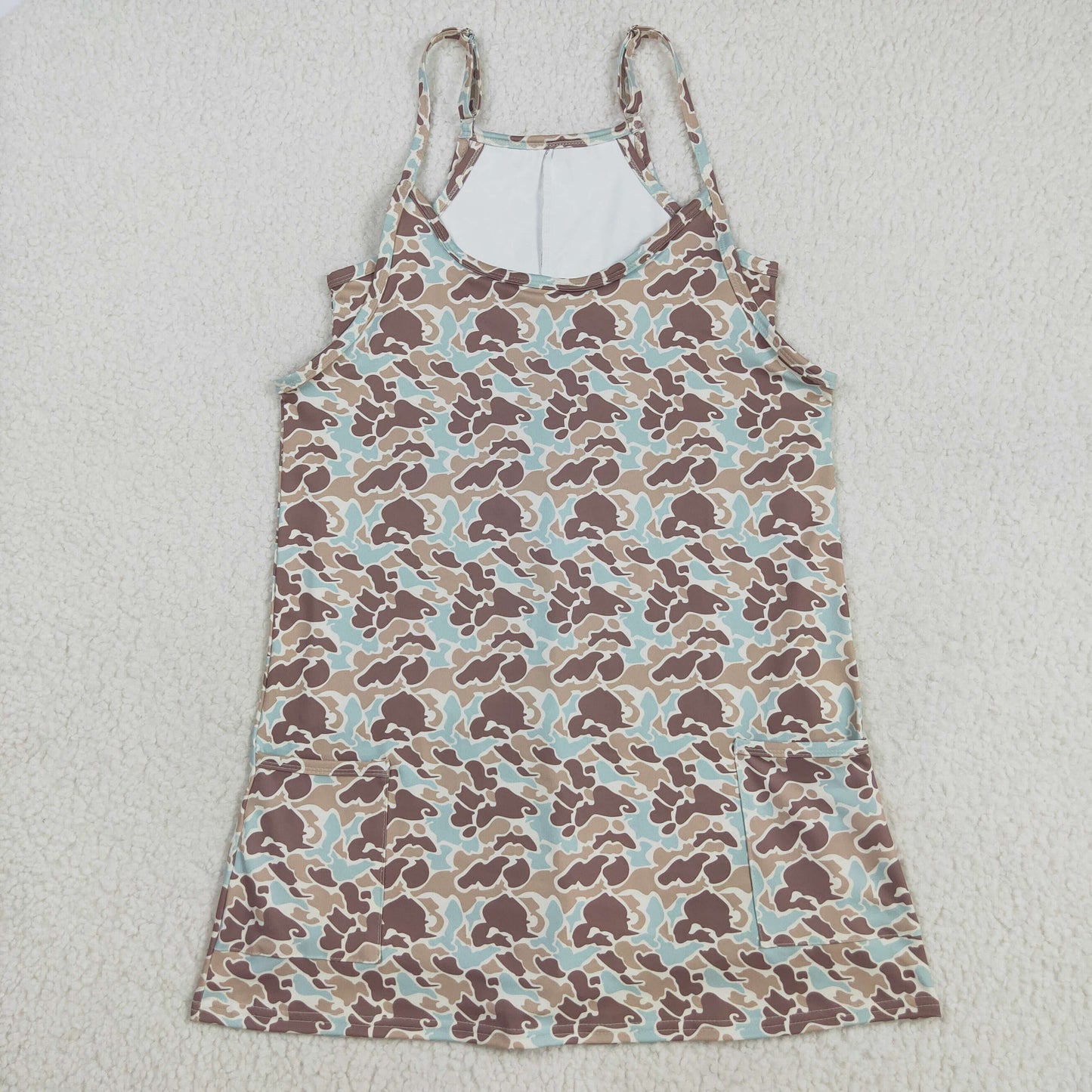 GSD2734 Adult Women Strap Green Khaki Camo Pockets Shorts Yoga Active Knee Length Dresses