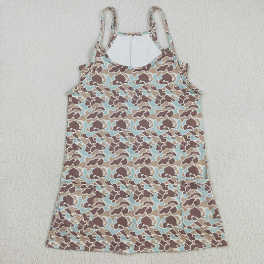 GSD2734 Adult Women Strap Green Khaki Camo Pockets Shorts Yoga Active Knee Length Dresses