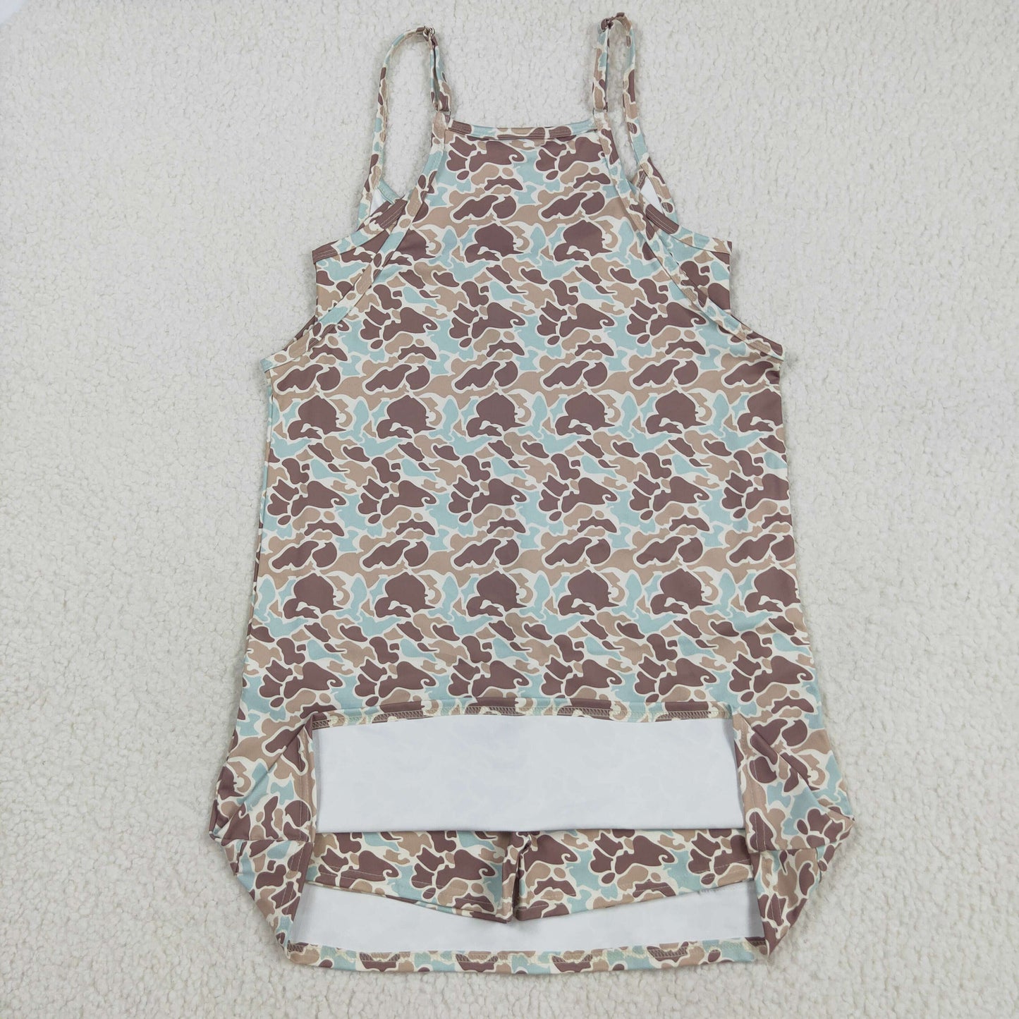 GSD2734 Adult Women Strap Green Khaki Camo Pockets Shorts Yoga Active Knee Length Dresses