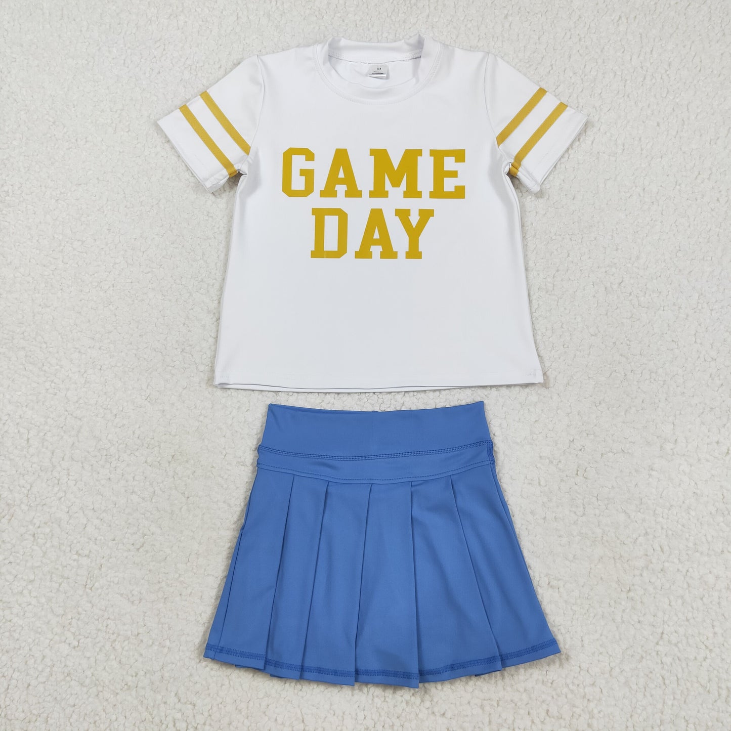 GSD2741 Baby Girls Gold Game Day Top Blue Pleated Skirt Shorts Yoga Active Team Clothes Sets