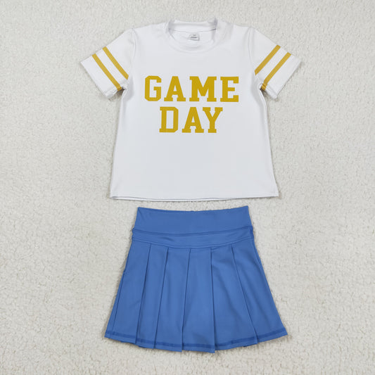 GSD2741 Baby Girls Gold Game Day Top Blue Pleated Skirt Shorts Yoga Active Team Clothes Sets