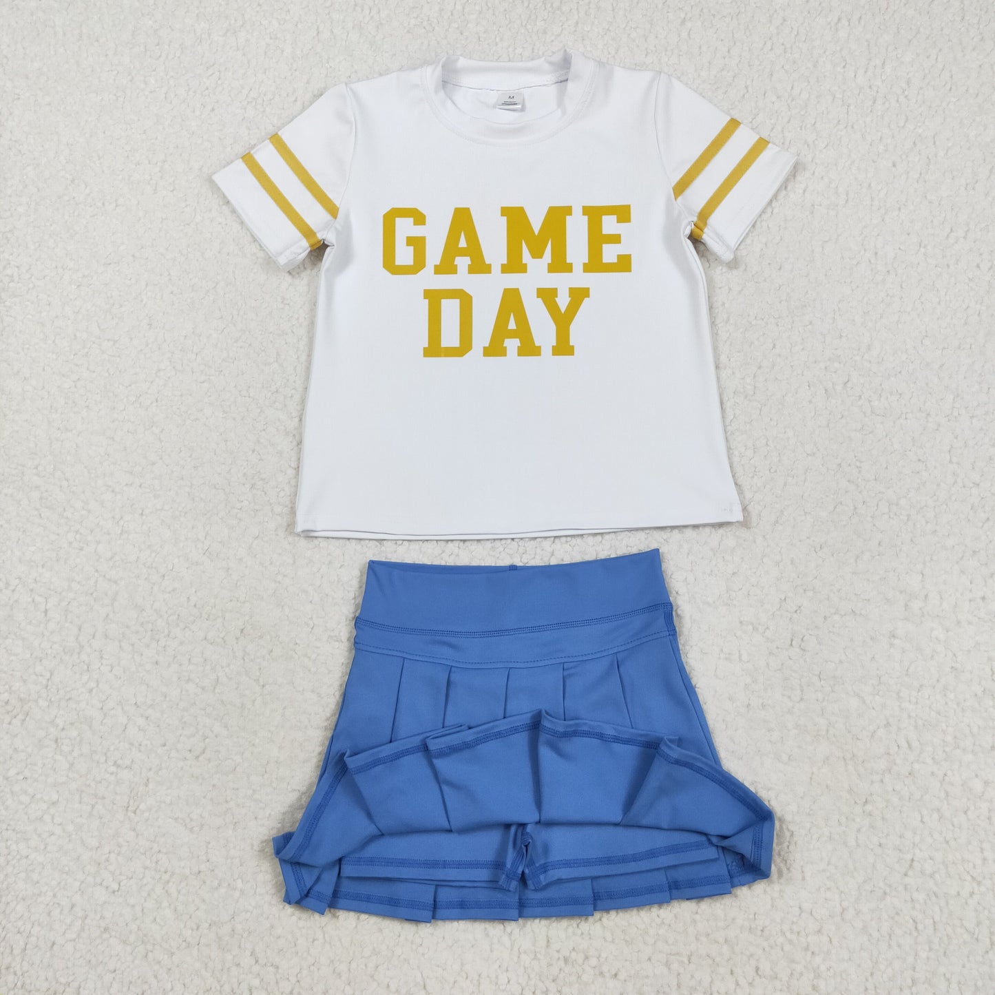 GSD2741 Baby Girls Gold Game Day Top Blue Pleated Skirt Shorts Yoga Active Team Clothes Sets
