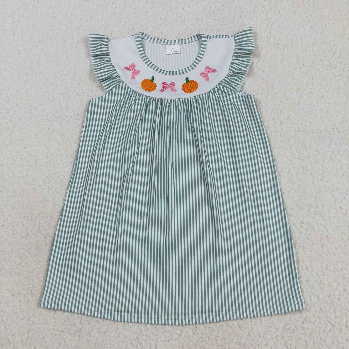 GSD2746 Baby Girls Green Stripe Embroidery Bows Pumpkins Fall Knee Length Dresses