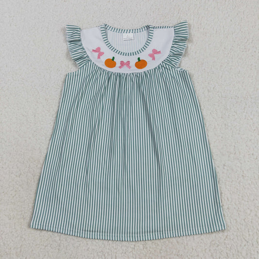 GSD2746 Baby Girls Green Stripe Embroidery Bows Pumpkins Fall Knee Length Dresses