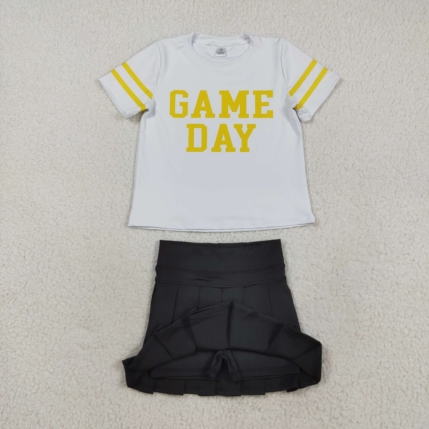 GSD2760 Baby Girls Yellow Game Day Top Black Pleated Skirt Shorts Yoga Active Team Clothes Sets