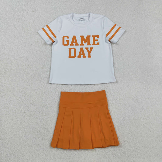 GSD2761 Baby Girls Orange Game Day Top Pleated Skirt Shorts Yoga Active Team Clothes Sets