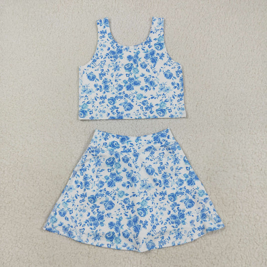 GSD2787 Baby Girls Blue Flowers Vest Top Skirt Shorts Yoga Active Clothes Sets