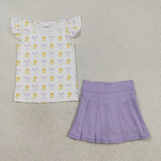 GSD2789 Baby Girls Bows Plaid Top Lavender Pleated Skirt Shorts Yoga Active Clothes Sets