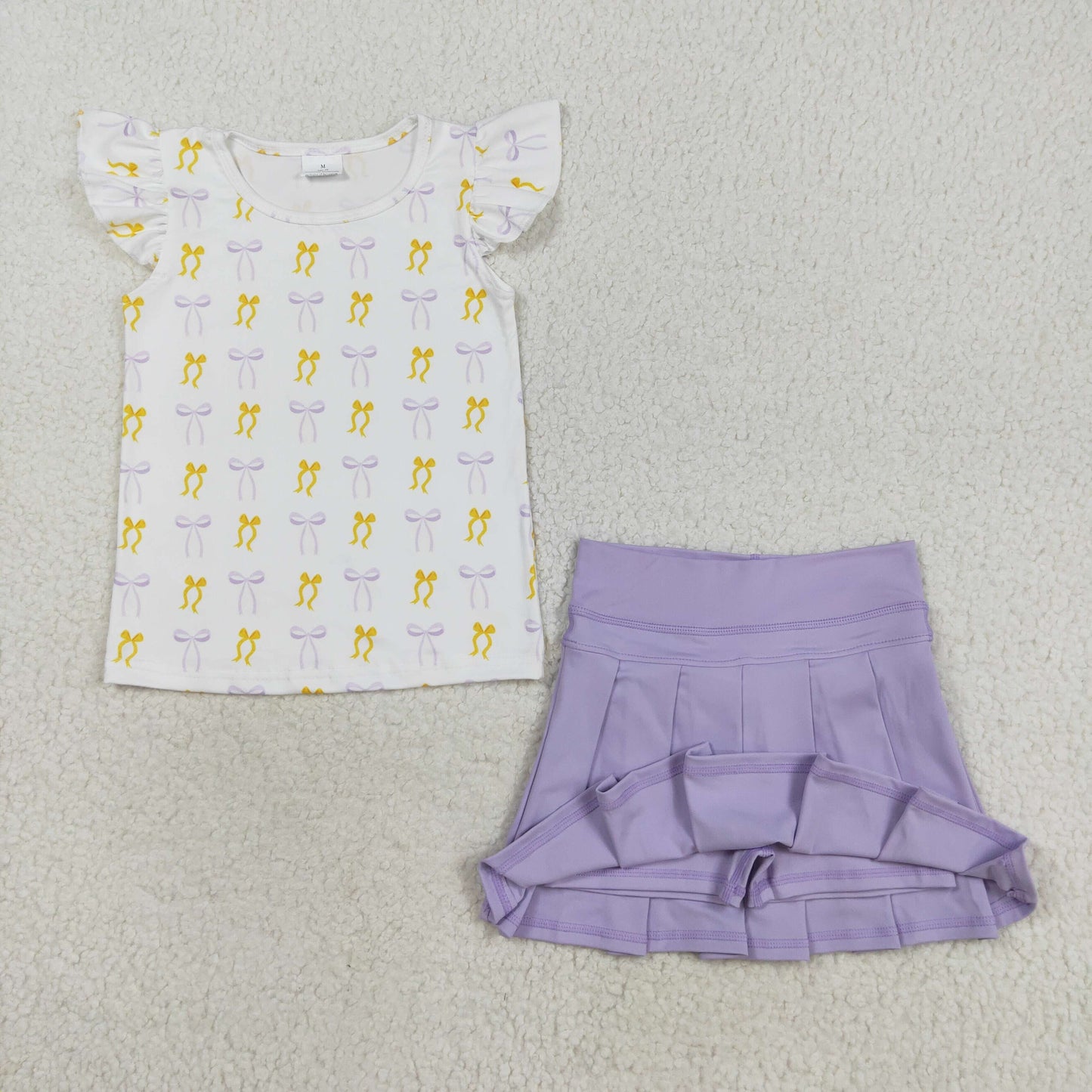 GSD2789 Baby Girls Bows Plaid Top Lavender Pleated Skirt Shorts Yoga Active Clothes Sets