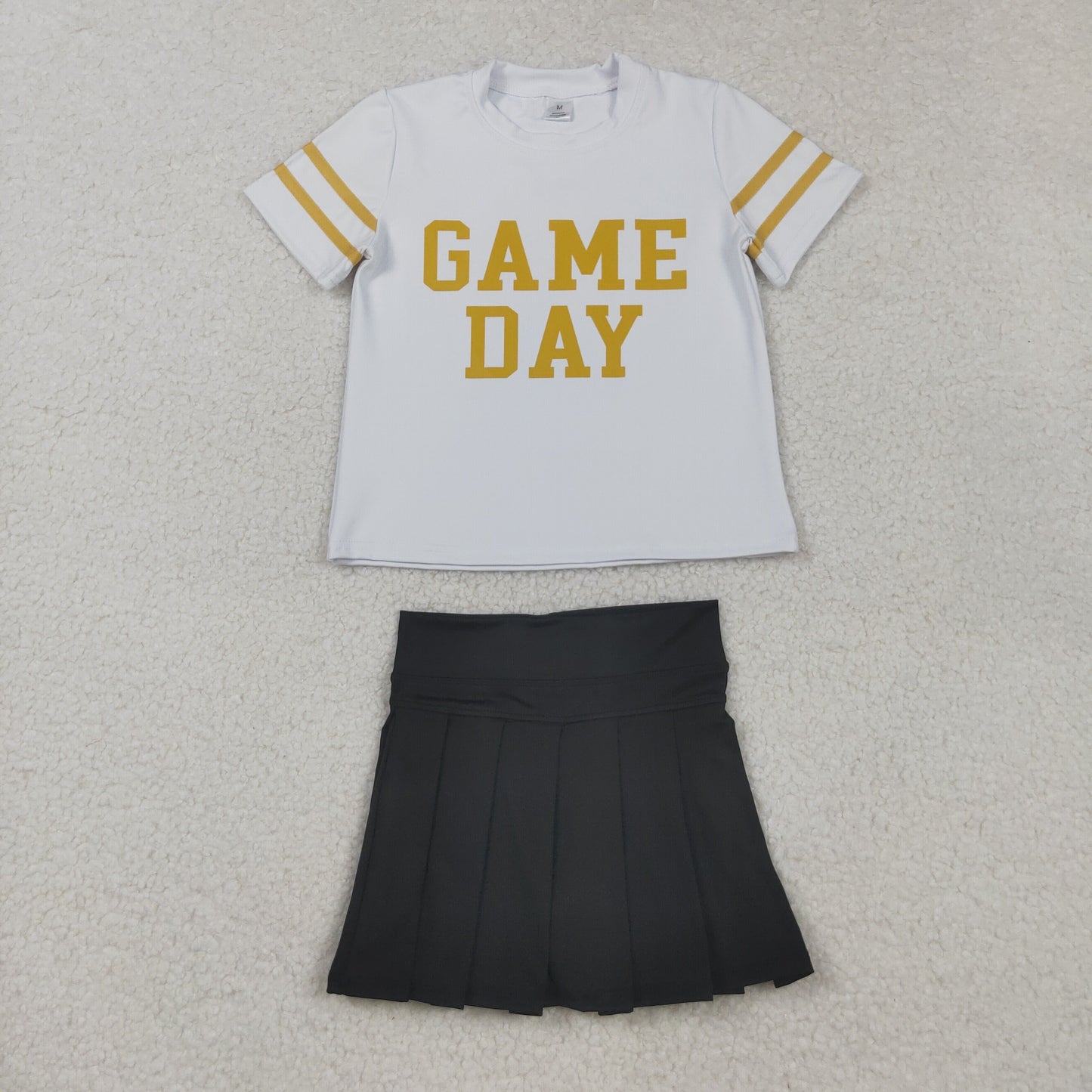 GSD2804 Baby Girls Gold Game Day Top Black Pleated Skirt Shorts Yoga Active Team Clothes Sets