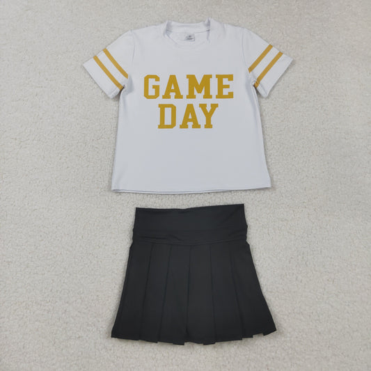 GSD2804 Baby Girls Gold Game Day Top Black Pleated Skirt Shorts Yoga Active Team Clothes Sets