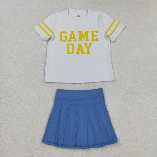 GSD2805 Baby Girls Yellow Game Day Top Blue Pleated Skirt Shorts Yoga Active Team Clothes Sets