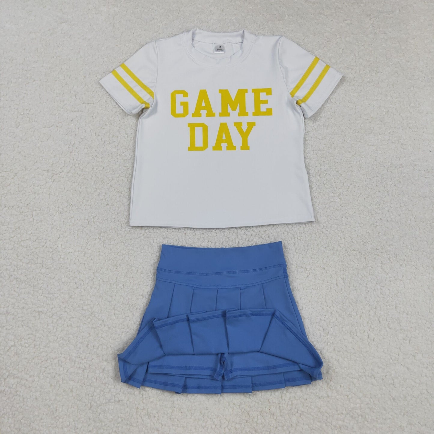 GSD2805 Baby Girls Yellow Game Day Top Blue Pleated Skirt Shorts Yoga Active Team Clothes Sets