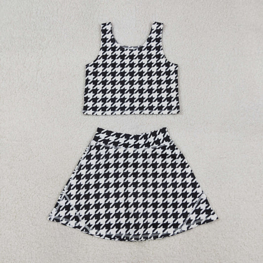 GSD2858 Baby Girls Black Birds Checked Vest Top Skirt Shorts Yoga Active Clothes Sets