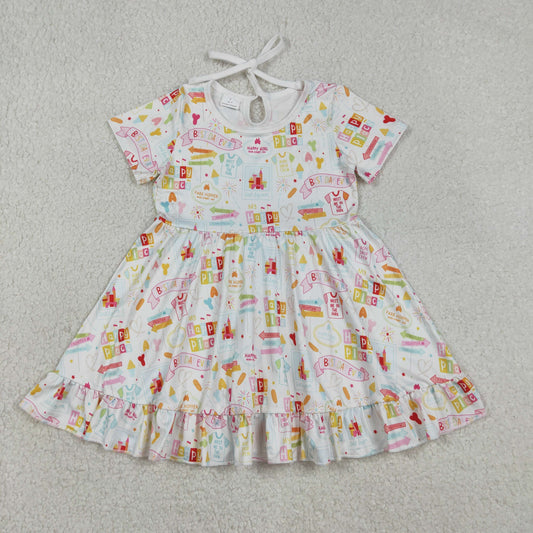 GSD2873 Baby Girls Short Sleeve Bows Happy Place Ruffle Knee Length Dresses