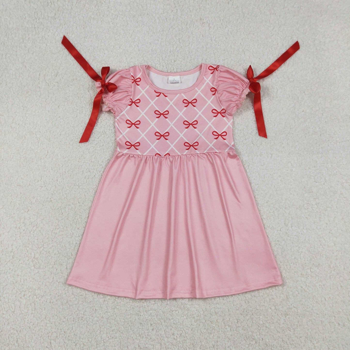 GSD2883 Baby Girls Pink Ruffle Sleeve Bows Checked Knee Length Dresses