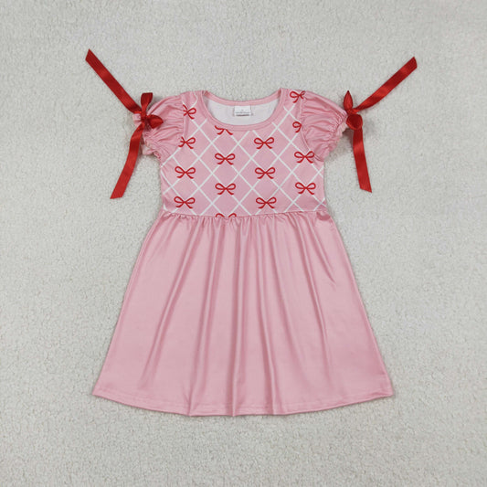 GSD2883 Baby Girls Pink Ruffle Sleeve Bows Checked Knee Length Dresses