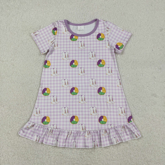 GSD2900 Baby Girls Mardigras Donuts Boots Checked Ruffle Knee Length Dresses