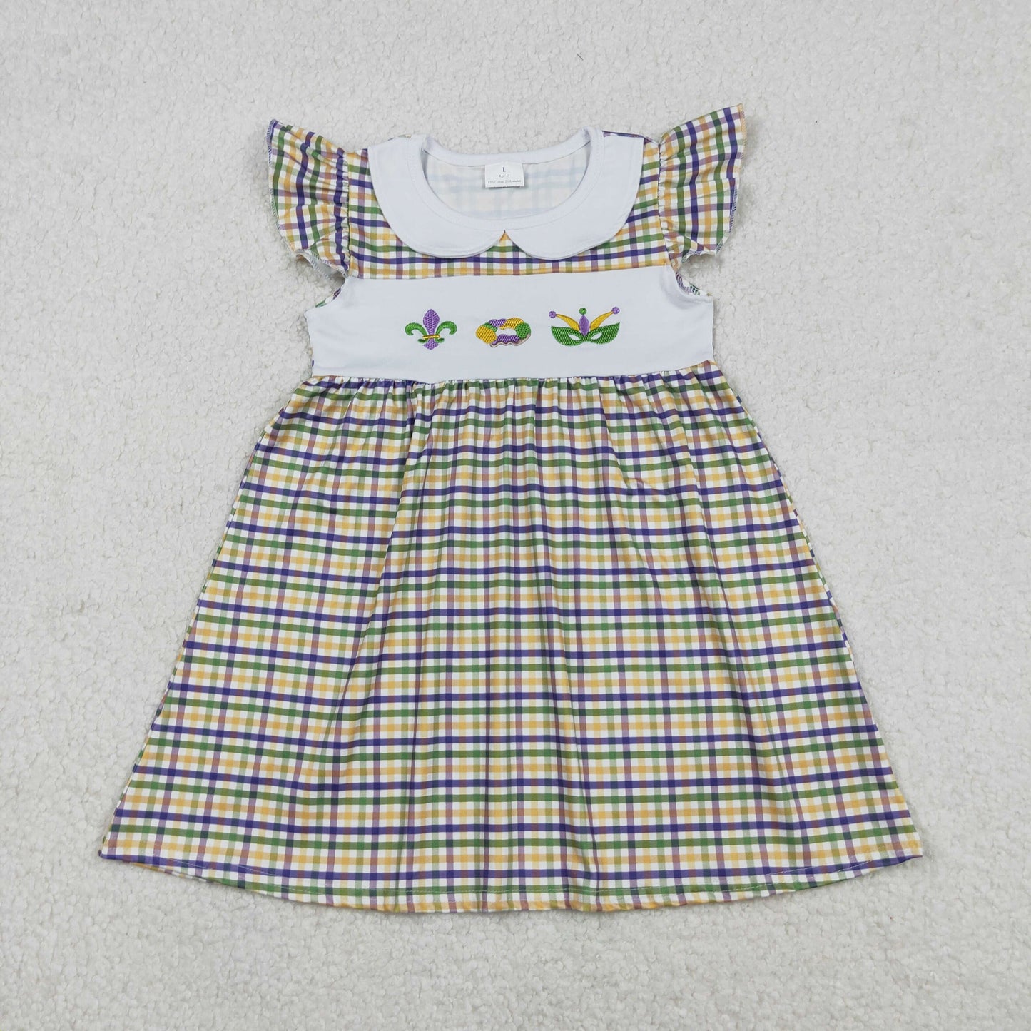 GSD2934 Baby Girls Mardigras Checked Embroidery Anchors Donuts Knee Length Dresses