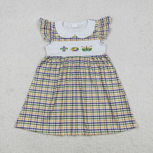GSD2934 Baby Girls Mardigras Checked Embroidery Anchors Donuts Knee Length Dresses