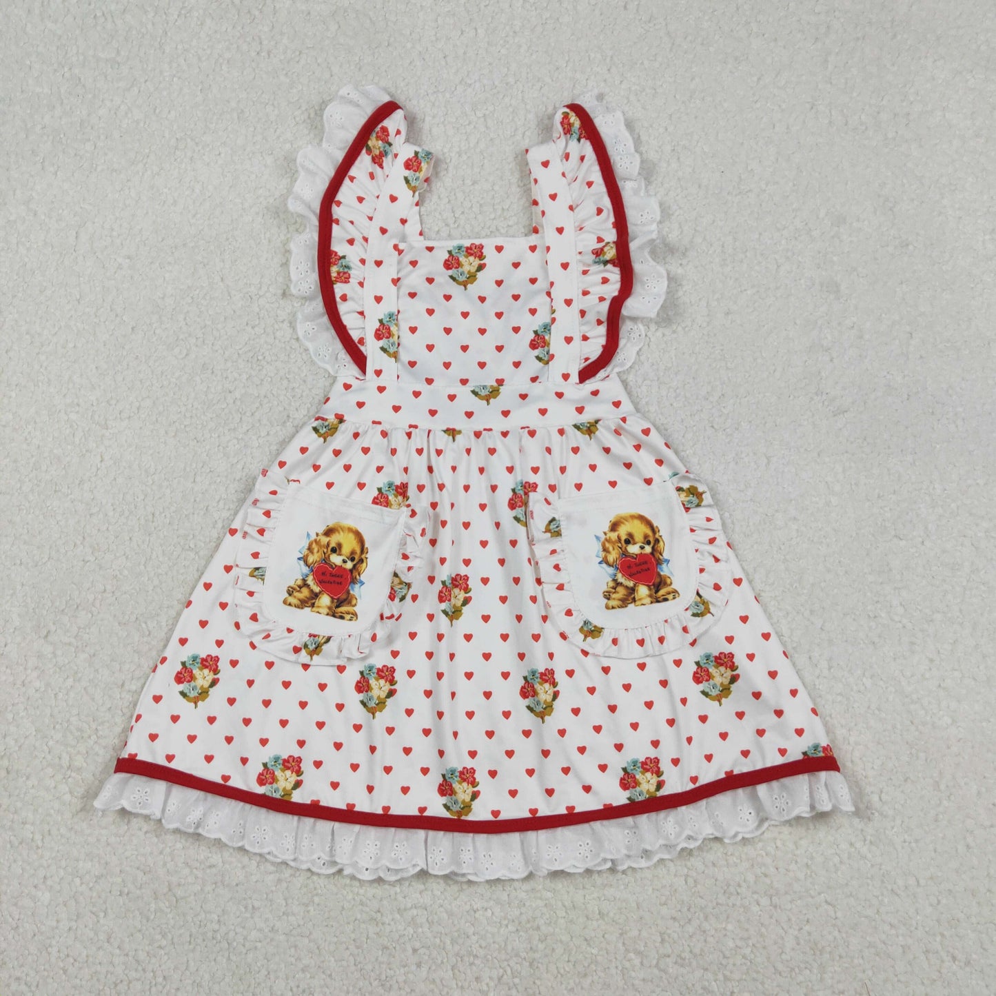GSD2963 Baby Girls Flutter Sleeve Hearts Dogs Pockets Valentines Ruffle Knee Length Dress