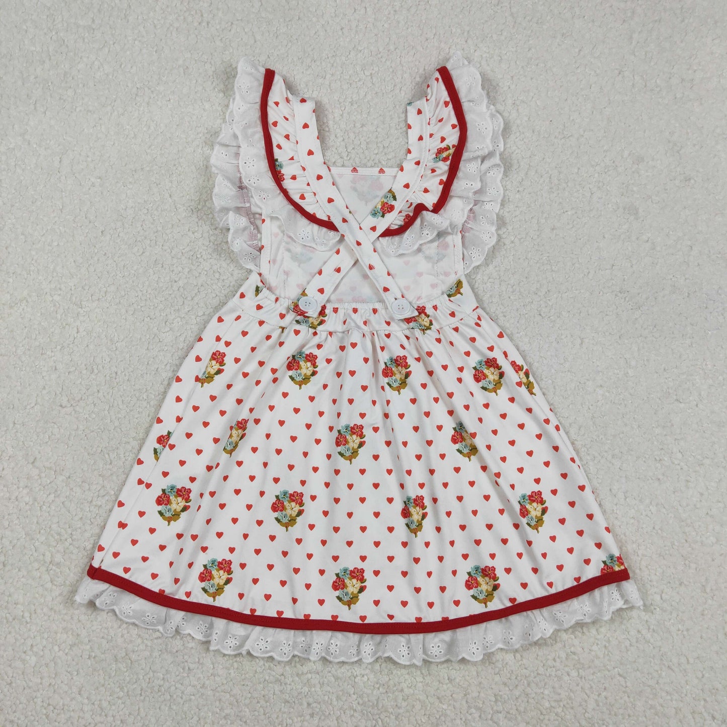 GSD2963 Baby Girls Flutter Sleeve Hearts Dogs Pockets Valentines Ruffle Knee Length Dress