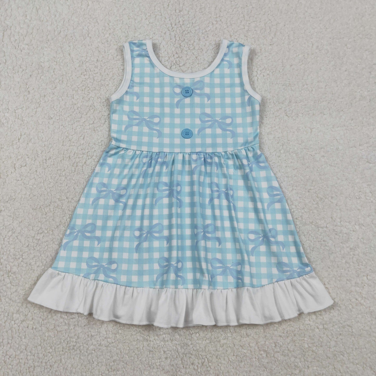 GSD3144 Baby Girls Sleeveless Button Blue Checked Bows Ruffle Knee Length Dresses