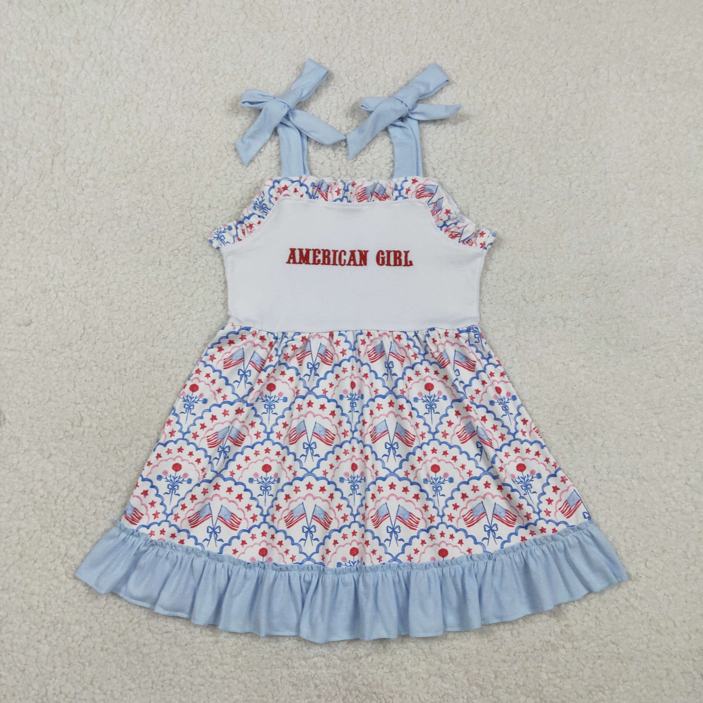 Sibling Baby Girls Embroidery Bows Flags Checked 4th of July Knee Length Dresses