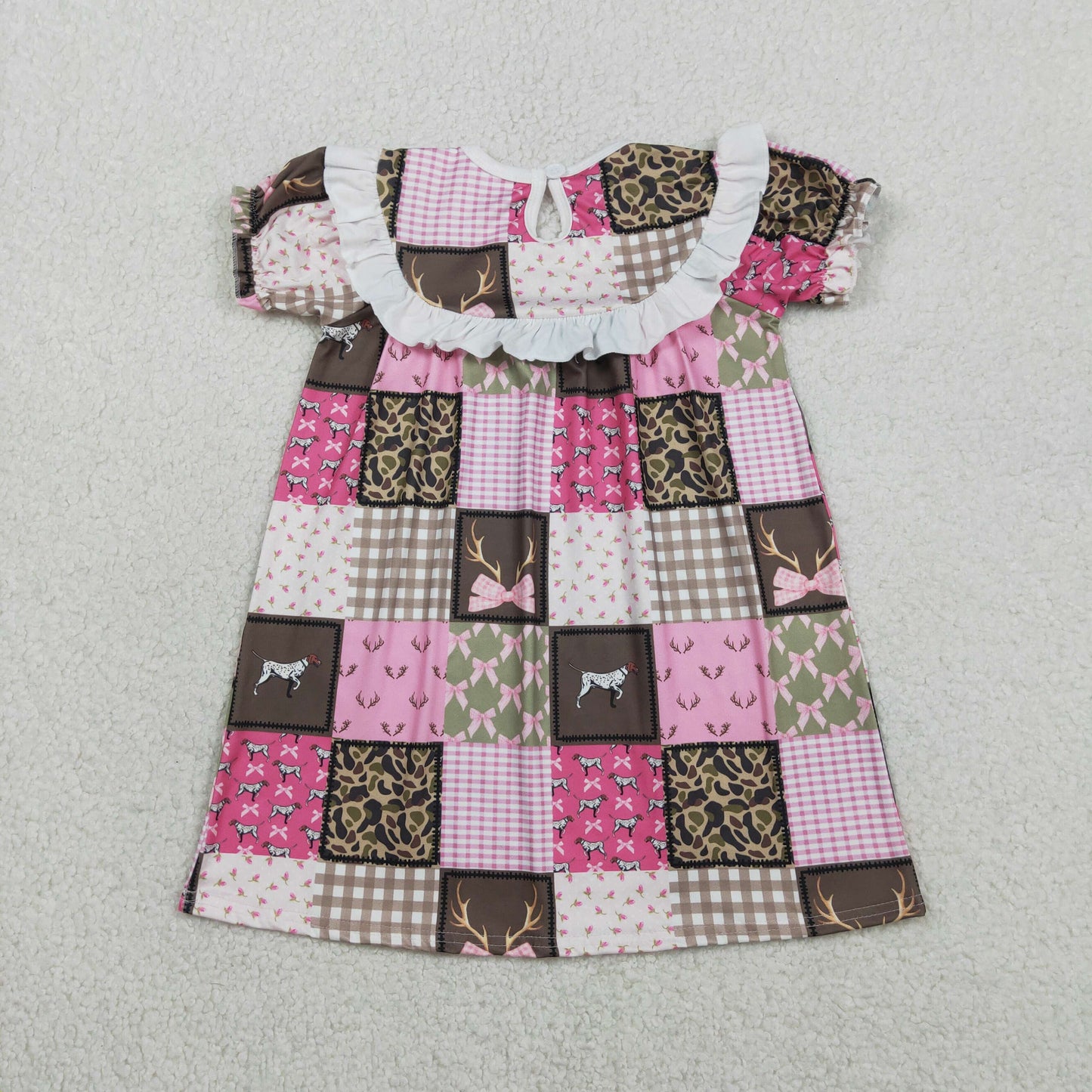 Sibling Smocked Daddy's Girl Bows Deer Checked Hunting Knee Length Dress Ruffle Rompers