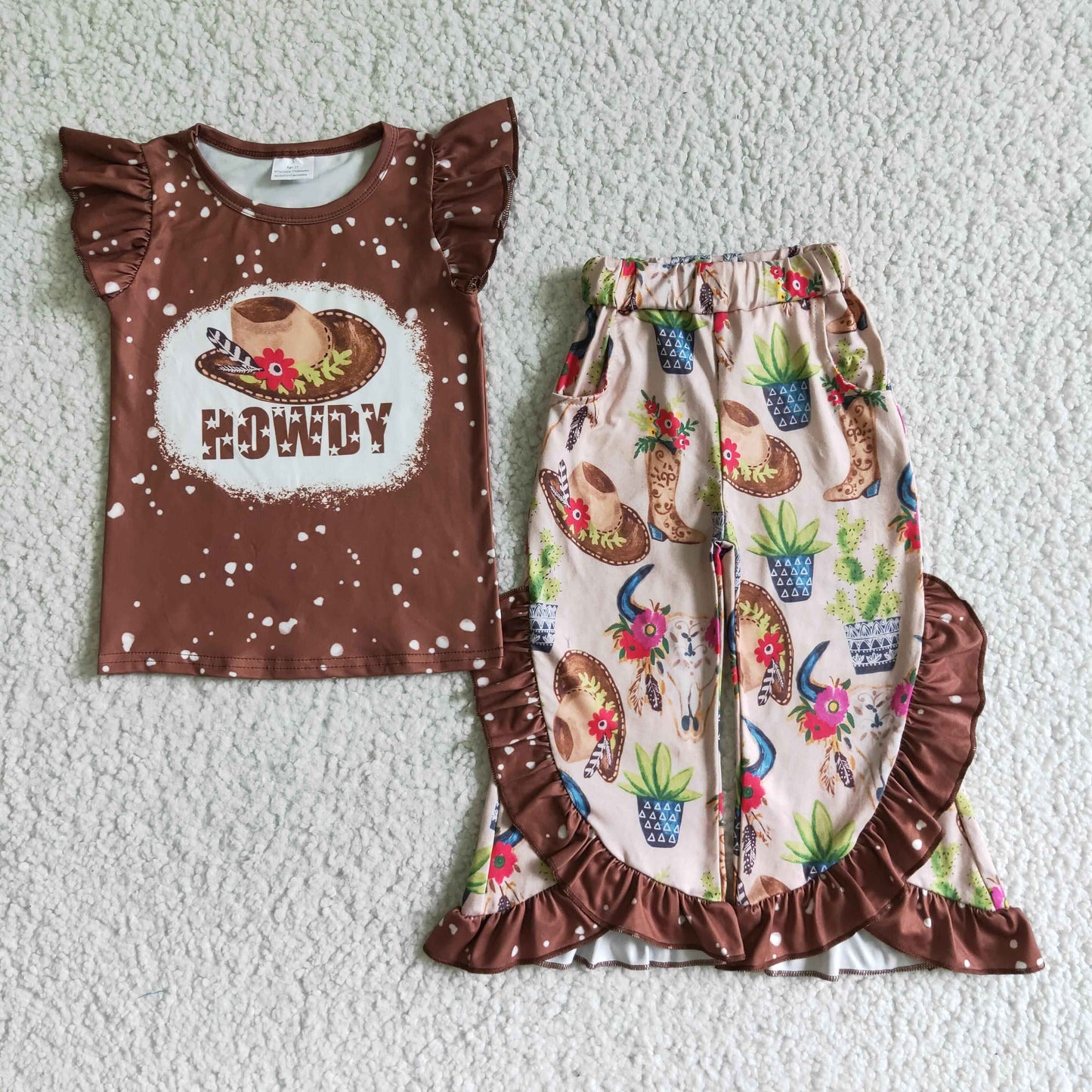 Sibling Baby Girls Western Howdy Bull Skulls Shirts Ruffle Bell Bottom Pants Clothes Sets