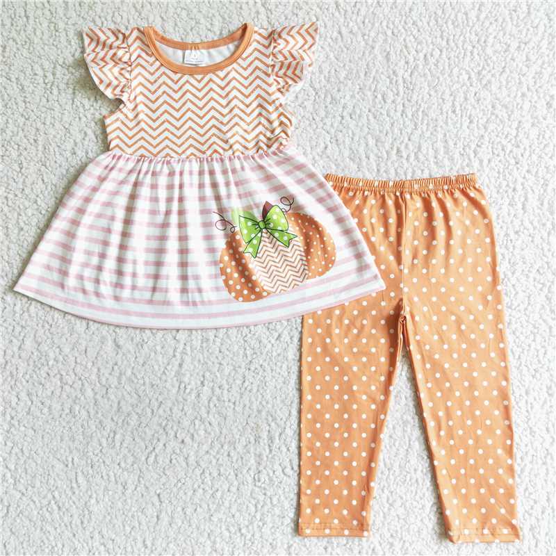 girls pumpkin printed tunic tops leggings sets GSPO0172