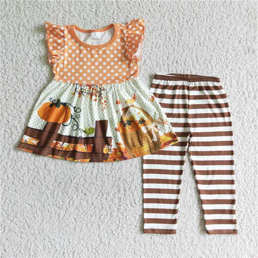 girls pumpkin printed tunic tops leggings sets GSPO0173