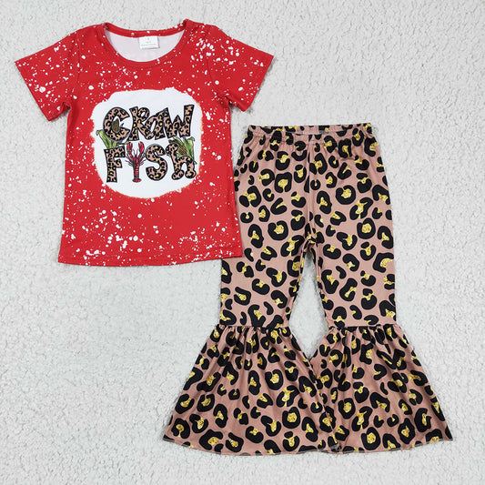 GSPO0332 baby girls crawfish leopard bell bottom outfits sets