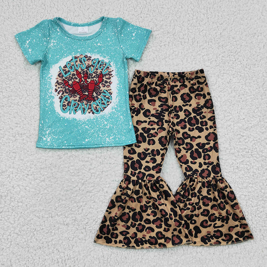 GSPO0333 baby blue crawfish leopard girl bell bottom outfits