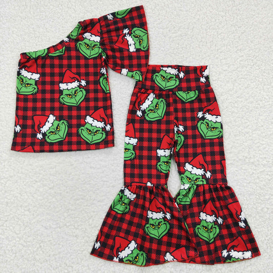 girls red plaid christmas tops bottoms sets GSPO0654