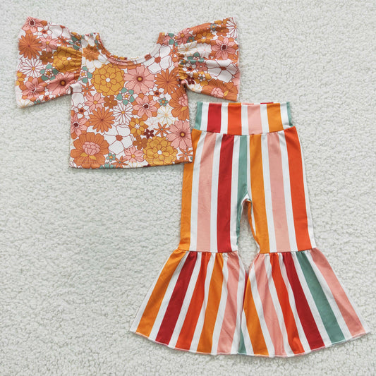 girls flower tops striped bottoms clothes sets GSPO0724
