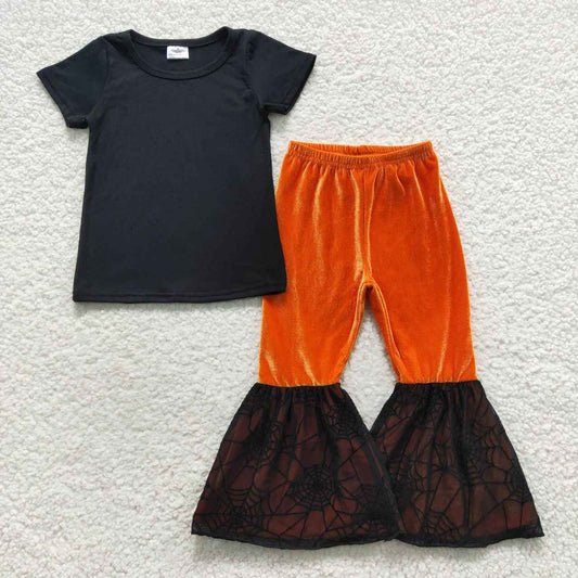 baby girl black shirt orange velvet bell bottom sets GSPO0772