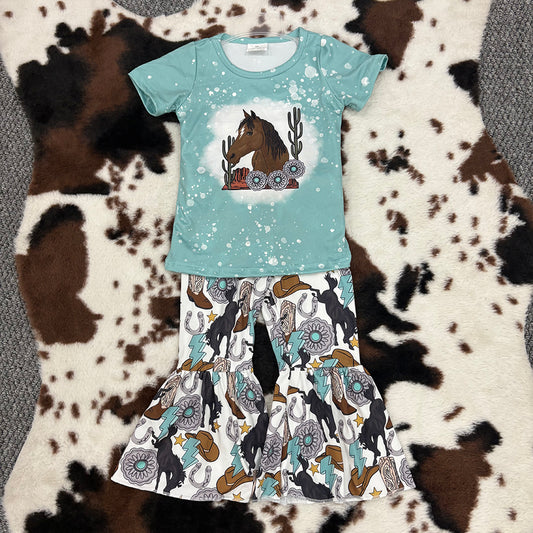 GSPO0831 baby clothes girls cowgirl horse turquoise bell bottoms pants outfits