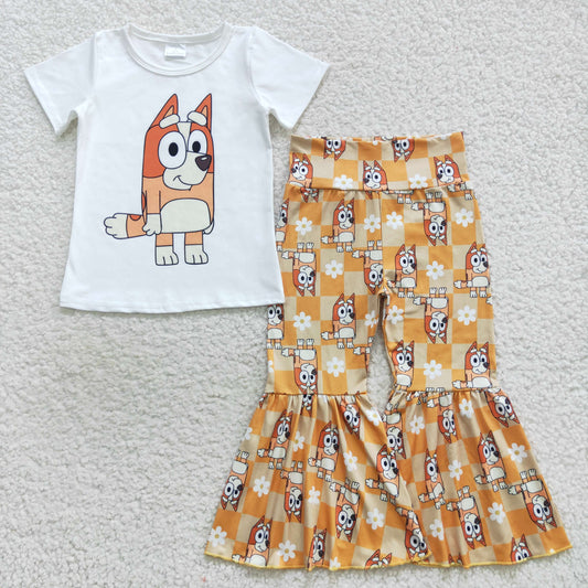 GSPO0860 girls yellow cartoon dog checkerboard pants clothes set